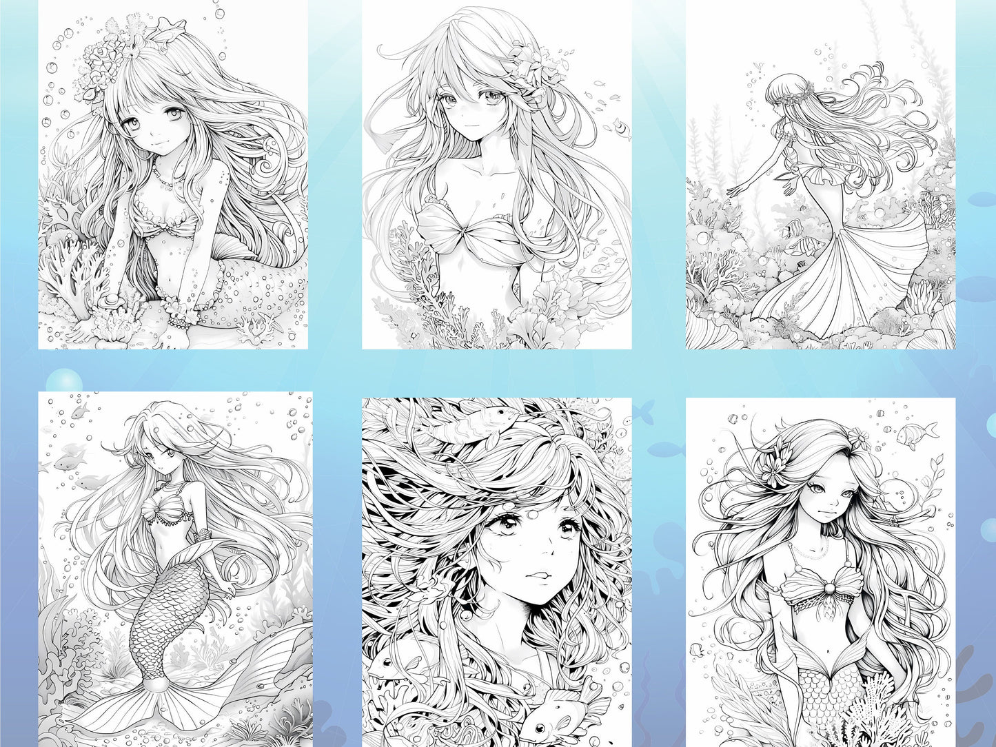 Páginas para colorear de sirena, Páginas para colorear de sirena para adultos, Sirena estilo anime, Páginas de libros para colorear de sirena, Coloración de fantasía, Sirena imprimible