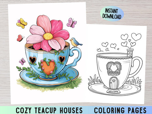 Páginas para colorear de casas en forma de taza de té, libro para colorear de fantasía, casas en forma de taza de té para imprimir, dibujos para colorear digitales para adultos y niños, diseños de casas acogedoras