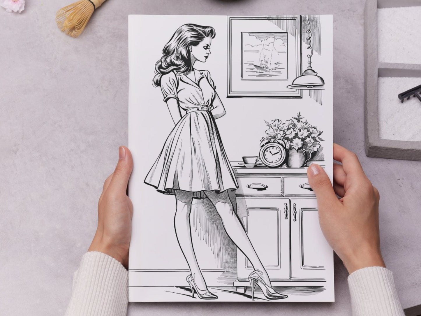 Libro para colorear de ilustración de moda, páginas para colorear para adultos moda, libro para colorear para adultos moda, mujer de moda de los años 50, coloración modelo de los años 50