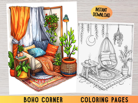 Páginas para colorear de estilo boho, páginas para colorear de habitaciones acogedoras, páginas para colorear de habitaciones de bolsillo, páginas para colorear isométricas, libro para colorear para adultos, diseños isométricos de estilo boho