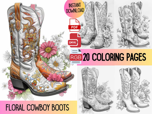 Botas de vaquero florales, libro para colorear florales, flores en escala de grises, botas florecientes, botas florales, páginas para colorear, zapatos coloridos, colorear para adultos