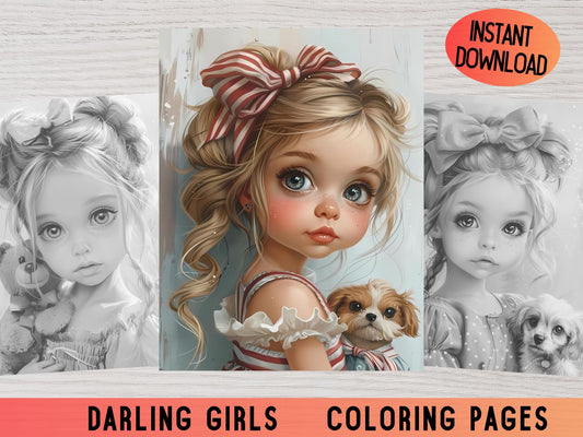 Dibujos para colorear de Darling Girls, Dibujos para colorear en escala de grises, Dibujos para colorear lindos, Dibujos para colorear para adultos, Dibujos para colorear de muñecas, Libro para colorear de muñecas