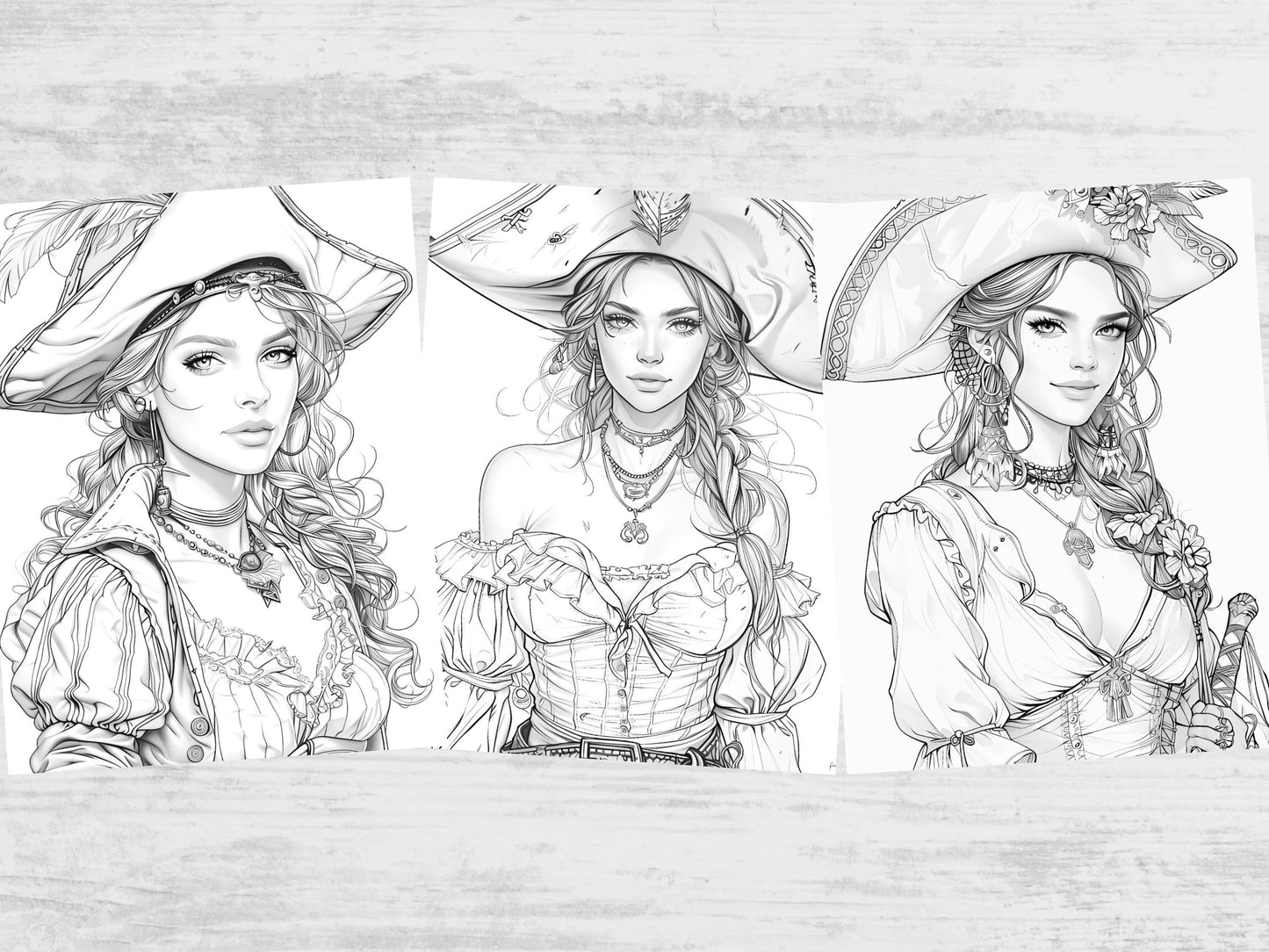 Dibujos para colorear de mujeres piratas, dibujos para colorear de mujeres piratas, arte de aventuras marinas, dibujos para colorear náuticos, chicas piratas, dibujos para colorear de fantasía, páginas digitales
