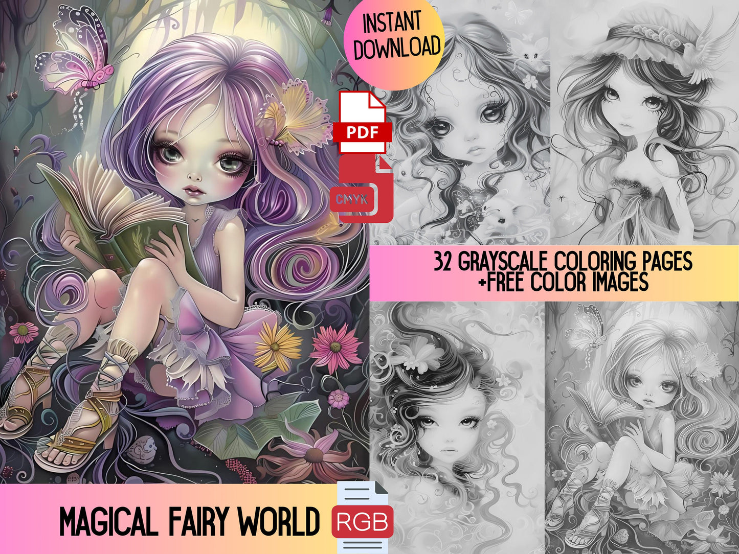 Páginas para colorear de hadas, páginas para colorear de hadas para adultos, hadas del bosque, libro para colorear de hadas, dibujos de fantasía, dibujos en escala de grises, dibujos para colorear para adultos