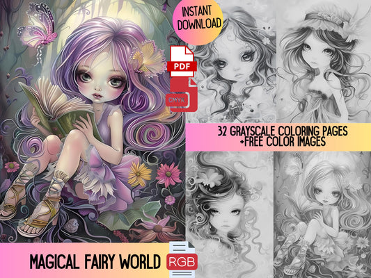 Páginas para colorear de hadas, páginas para colorear de hadas para adultos, hadas del bosque, libro para colorear de hadas, dibujos de fantasía, dibujos en escala de grises, dibujos para colorear para adultos