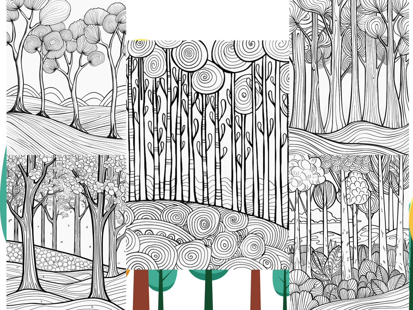 Páginas para colorear de bosques / Patrones de árboles imprimibles y diseños de bosques mágicos / Hojas para colorear con motivos florales y geométricos para adultos y niños