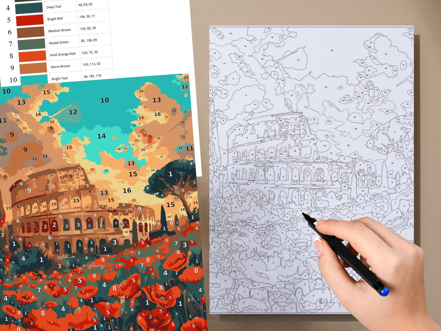 Libro para colorear paisajes por números, dibujos relajantes para adultos, colorear por números fácil, pósteres de viajes, arte de lugares emblemáticos del mundo