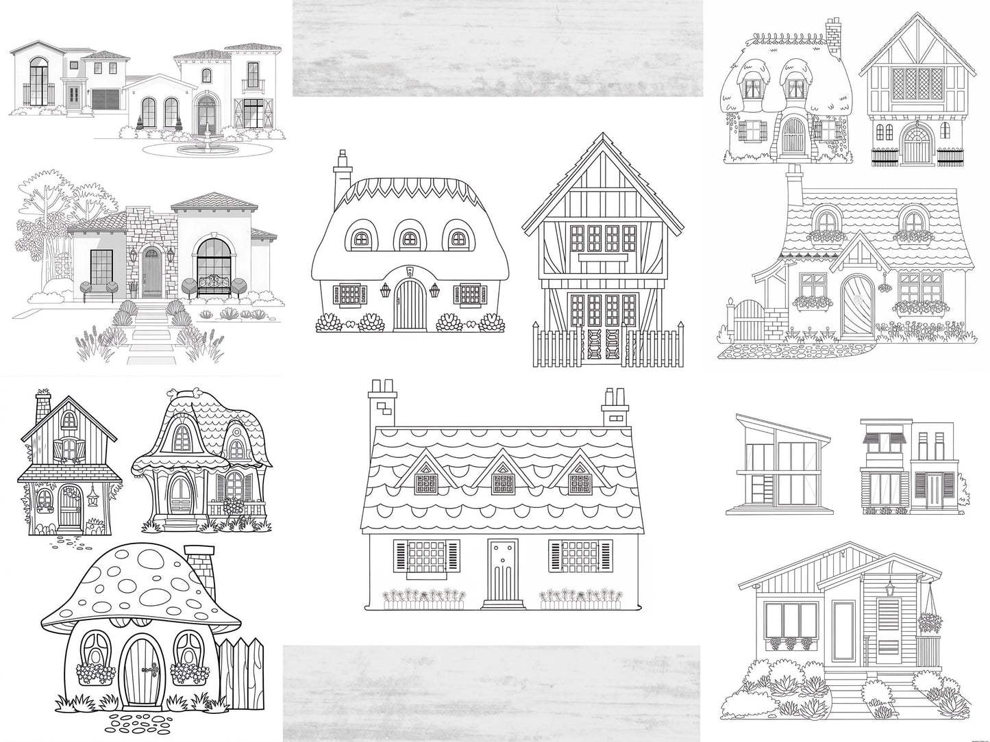 Dibujos de casas para colorear, dibujos acogedores para colorear, imprimibles y digitales, para aliviar el estrés, para adultos, para colorear el hogar