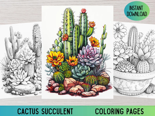 Página para colorear de cactus, Libro para colorear de cactus, Coloración para adultos, Coloración imprimible, Coloración en escala de grises, Coloración digital, Páginas para colorear, Pdf