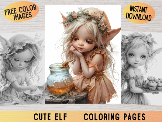 Dibujos para colorear de elfos, Dibujos para colorear de elfos lindos, Libro para colorear de elfos, Dibujos para colorear de elfos, Dibujos para colorear en escala de grises, Dibujos para colorear de fantasía, Dibujos para colorear para adultos