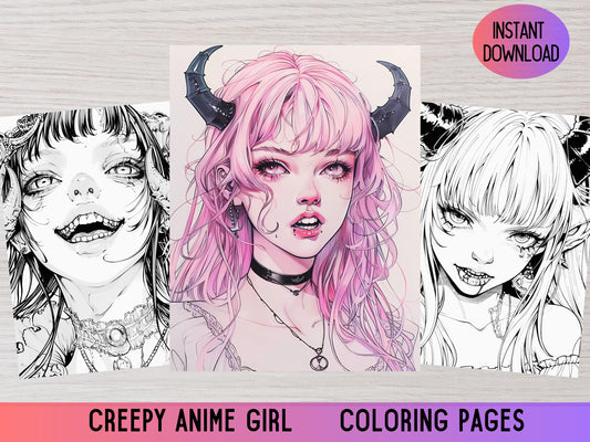 Páginas para colorear espeluznantes, Páginas para colorear de chicas anime manga, Páginas para colorear manga, Coloración estética, Coloración linda espeluznante, Coloración para adultos