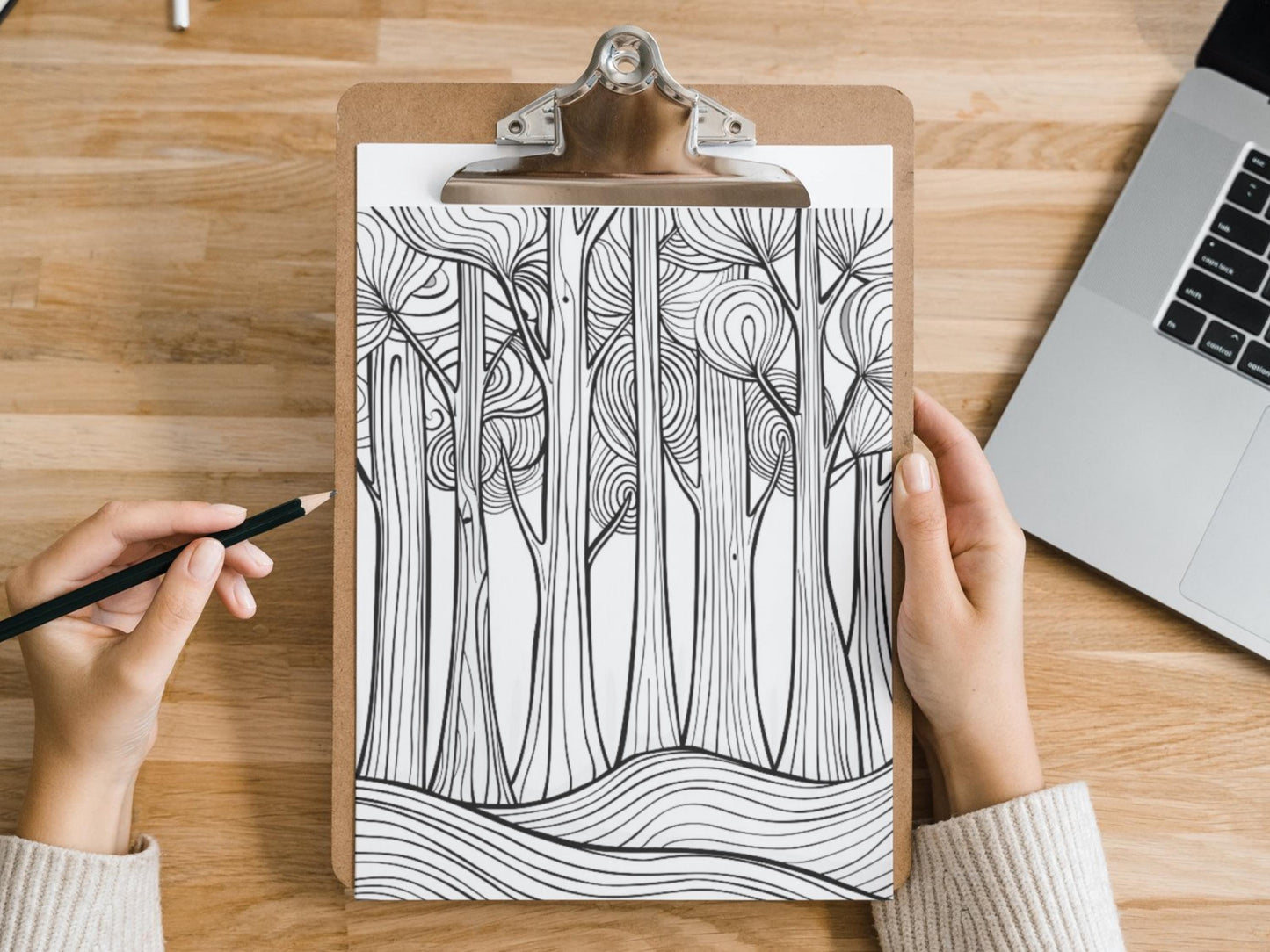 Páginas para colorear de bosques / Patrones de árboles imprimibles y diseños de bosques mágicos / Hojas para colorear con motivos florales y geométricos para adultos y niños