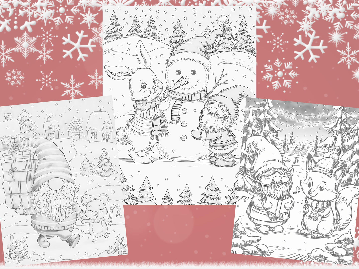 Dibujos para colorear de gnomos navideños, gnomos festivos, animales del bosque de invierno, libro para colorear de vacaciones, dibujos para colorear de invierno, dibujos para colorear de gnomos imprimibles
