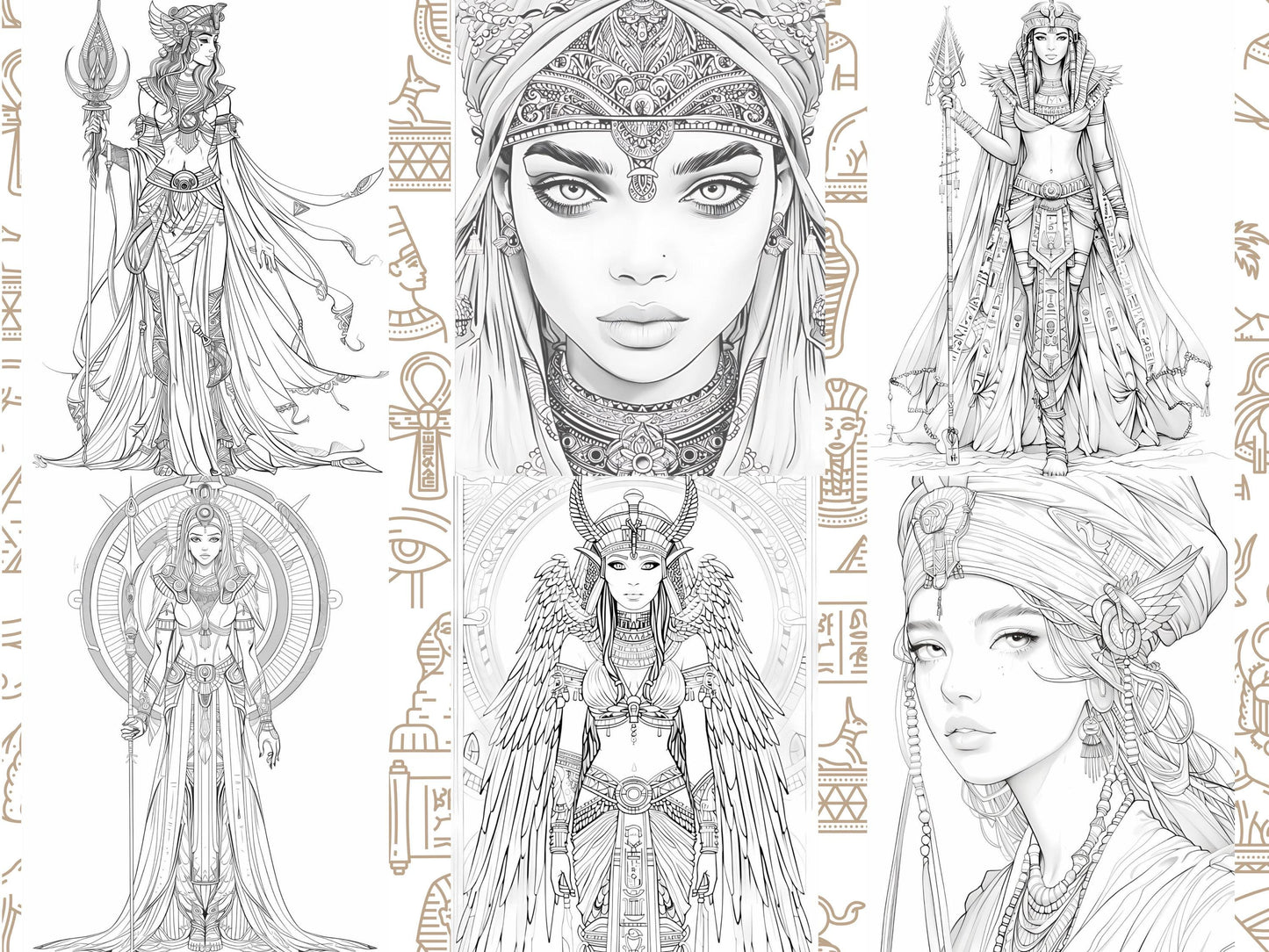 Coloración para adultos, Antiguo Egipto, Antiguo Egipto, Libro para colorear egipcio, Princesa egipcia, libro para colorear para adultos, páginas para colorear