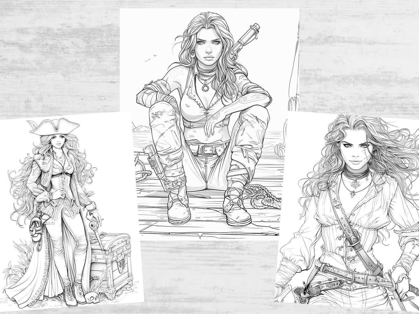 Dibujos para colorear de mujeres piratas, dibujos para colorear de mujeres piratas, arte de aventuras marinas, dibujos para colorear náuticos, chicas piratas, dibujos para colorear de fantasía, páginas digitales