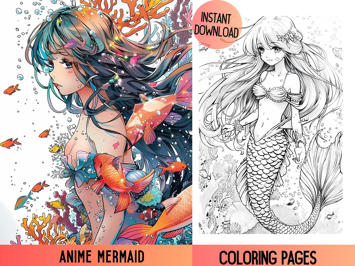 Páginas para colorear de sirena, Páginas para colorear de sirena para adultos, Sirena estilo anime, Páginas de libros para colorear de sirena, Coloración de fantasía, Sirena imprimible