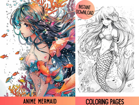 Páginas para colorear de sirena, Páginas para colorear de sirena para adultos, Sirena estilo anime, Páginas de libros para colorear de sirena, Coloración de fantasía, Sirena imprimible