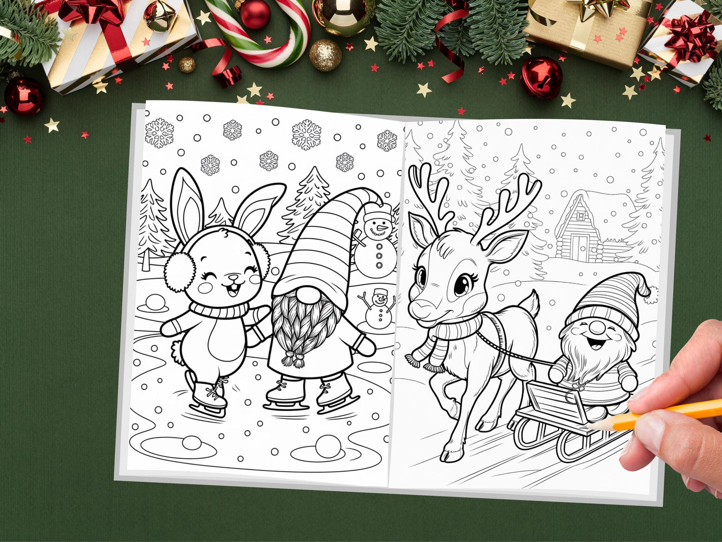 Dibujos para colorear de gnomos navideños, gnomos festivos, animales del bosque de invierno, libro para colorear de vacaciones, dibujos para colorear de invierno, dibujos para colorear de gnomos imprimibles