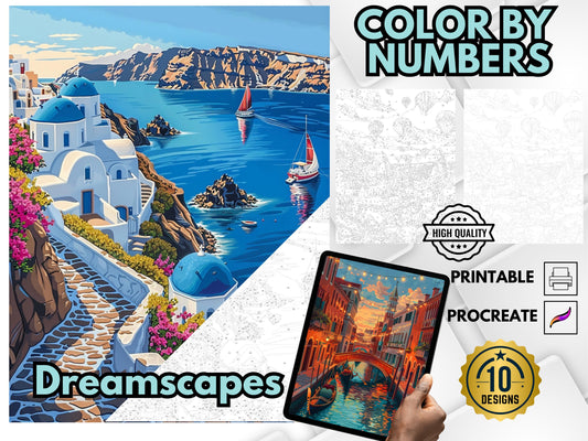 Dibujos para colorear por números, pintar por números, colorear imprimible, páginas para colorear para adultos, colorear relajante, libro para colorear de paisajes