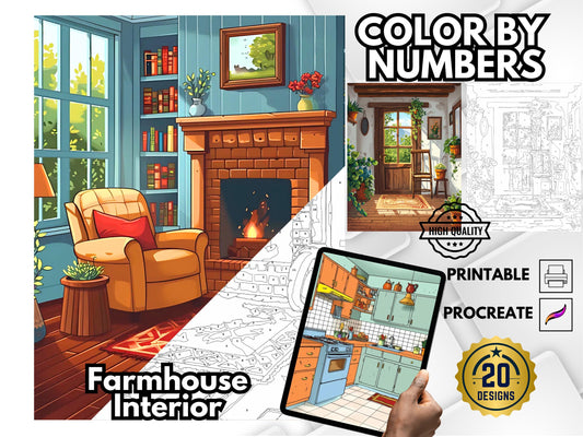 Interior de una acogedora casa de campo para colorear por números, páginas para colorear de habitaciones acogedoras para adultos, libro para colorear fácil, páginas para colorear de interiores