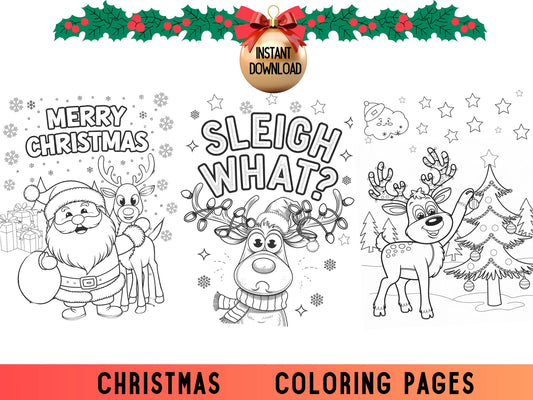 Páginas para colorear de Navidad, libro para colorear de Navidad, páginas para colorear, dibujos para colorear de Navidad, imprimibles de Navidad, página para colorear de Papá Noel, página para colorear de renos