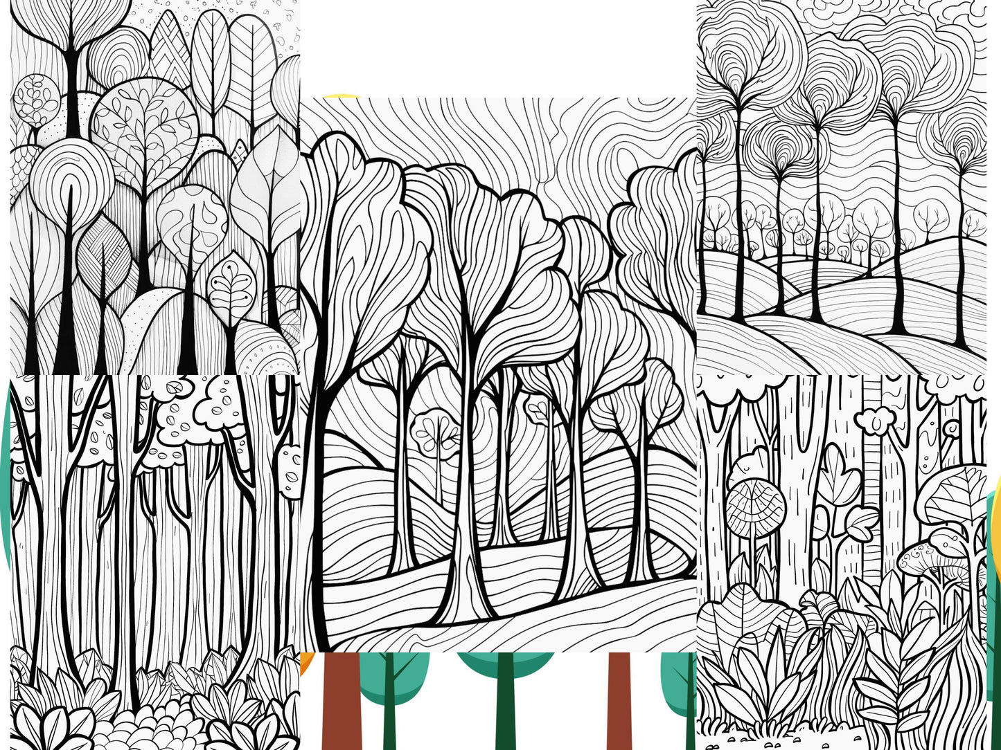 Páginas para colorear de bosques / Patrones de árboles imprimibles y diseños de bosques mágicos / Hojas para colorear con motivos florales y geométricos para adultos y niños