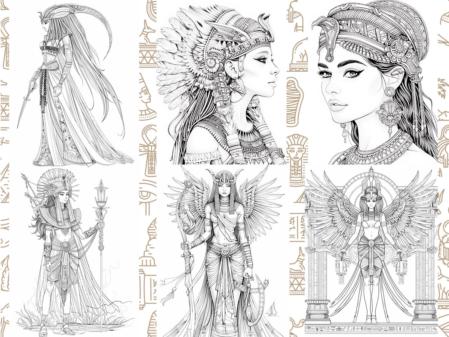 Coloración para adultos, Antiguo Egipto, Antiguo Egipto, Libro para colorear egipcio, Princesa egipcia, libro para colorear para adultos, páginas para colorear