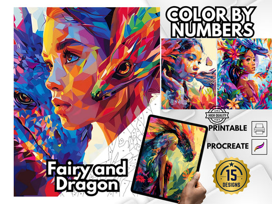 Colorear fantasía por números, Dibujos para colorear hadas y dragones, Colorear por números fácil, Pintar por números, Colorear por números para adultos, Pintar por números