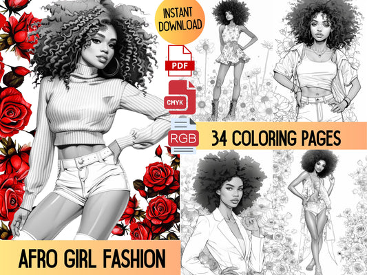 Afro Girl Coloring, Black girl Coloring, Libro para colorear de ilustración de moda, Páginas para colorear de moda para adultos, Páginas para colorear para adultos de moda