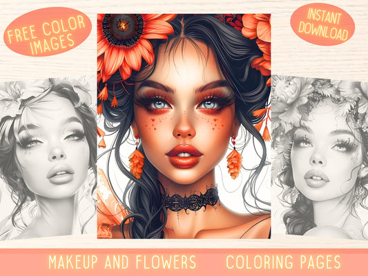 Maquillaje para colorear, Páginas para colorear para adultos, Colorear en escala de grises, Página para colorear de mujeres, Colorear retratos, Páginas para colorear de mujeres, Colorear flores