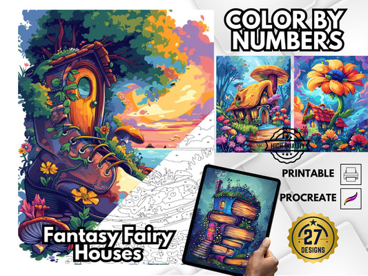 Páginas para colorear de fantasía por números para adultos, Casas de hadas para colorear, Libro para colorear de fantasía relajante, Páginas para colorear imprimibles
