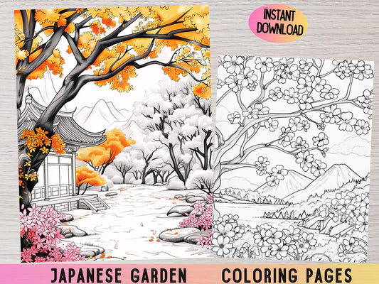 Páginas para colorear de jardines japoneses - Diseños de flores de cerezo - Libro para colorear de Sakura para adultos - Páginas para colorear relajantes e imprimibles
