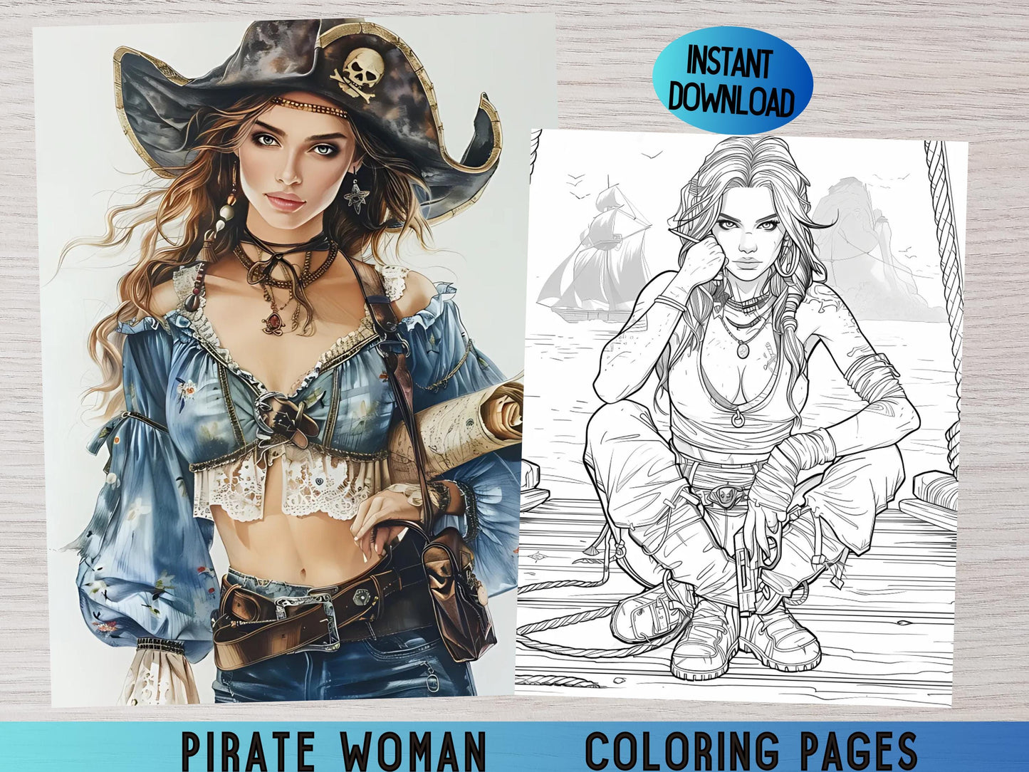 Dibujos para colorear de mujeres piratas, dibujos para colorear de mujeres piratas, arte de aventuras marinas, dibujos para colorear náuticos, chicas piratas, dibujos para colorear de fantasía, páginas digitales