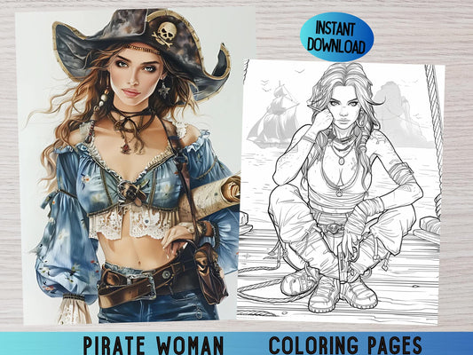Dibujos para colorear de mujeres piratas, dibujos para colorear de mujeres piratas, arte de aventuras marinas, dibujos para colorear náuticos, chicas piratas, dibujos para colorear de fantasía, páginas digitales