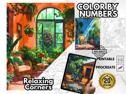 Rincón Floral para Colorear por Números, Arte Minimalista y Acogedor para el Hogar, Libro para Colorear Fácil para Adultos, Páginas para Colorear Relajantes de Jardín de Flores