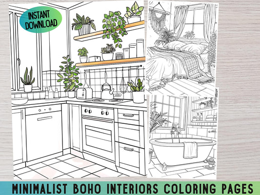 Interiores bohemios minimalistas, páginas para colorear, habitaciones acogedoras, páginas para colorear, dibujos para colorear para adultos, dibujos para colorear digitales, dibujos bohemios, dibujos bohemios acogedores