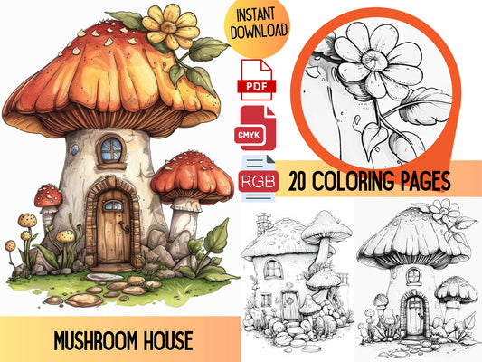 Coloración de setas, libro para colorear de setas, Imprimible de setas, Casa de setas, Coloración para adultos, Coloración digital, Páginas para colorear para adultos