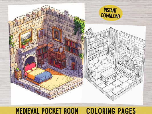 Habitación para colorear isométrica, habitación para colorear medieval, habitación para colorear bonita, habitación de bolsillo, páginas para colorear de habitaciones, habitación isométrica, colorear para adultos