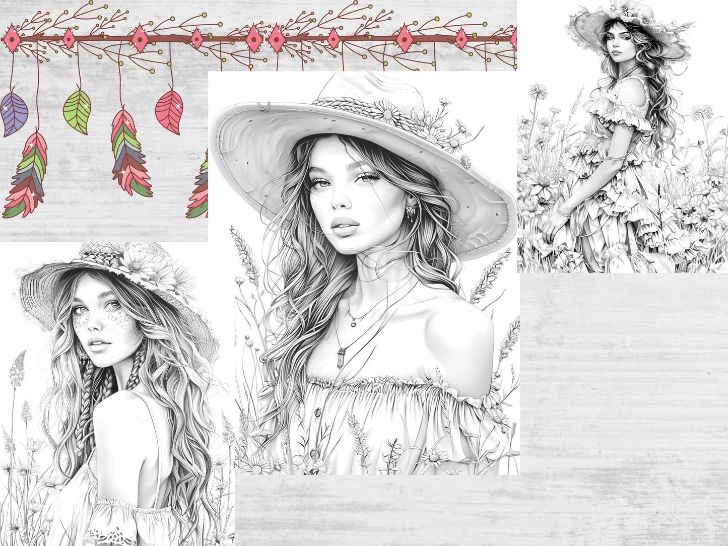 Páginas para colorear de hermosas chicas boho, moda boho, páginas para colorear de mujeres, dibujos para colorear para adultos, bellezas para colorear, chicas boho, pdf