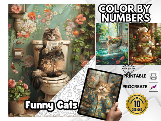 Gatos para colorear por número, PDF para colorear por número, PNG para colorear por número, páginas para colorear imprimibles, colorear para adultos, colorear por número fácil