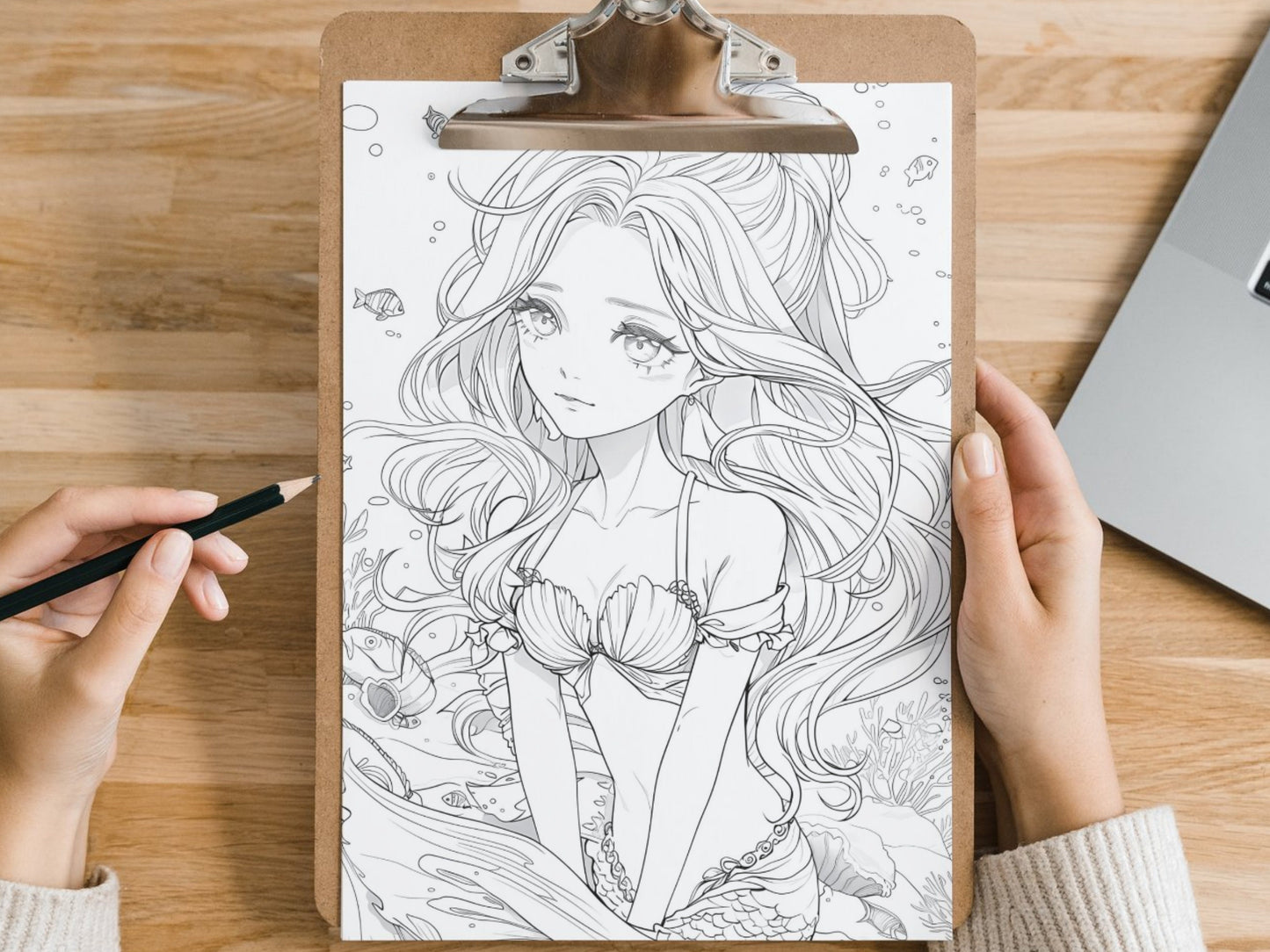 Páginas para colorear de sirena, Páginas para colorear de sirena para adultos, Sirena estilo anime, Páginas de libros para colorear de sirena, Coloración de fantasía, Sirena imprimible