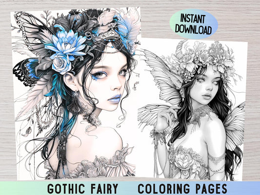 Páginas para colorear de hadas góticas, libro para colorear gótico, dibujos para colorear de fantasía, arte de hadas, dibujos para colorear digitales, libro para colorear de hadas, páginas para colorear para adultos