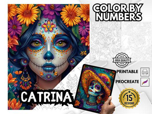 Catrina para colorear por números, Catrina floral para colorear, Calavera para colorear, Dibujos para colorear para adultos, Dibujos para colorear de Halloween