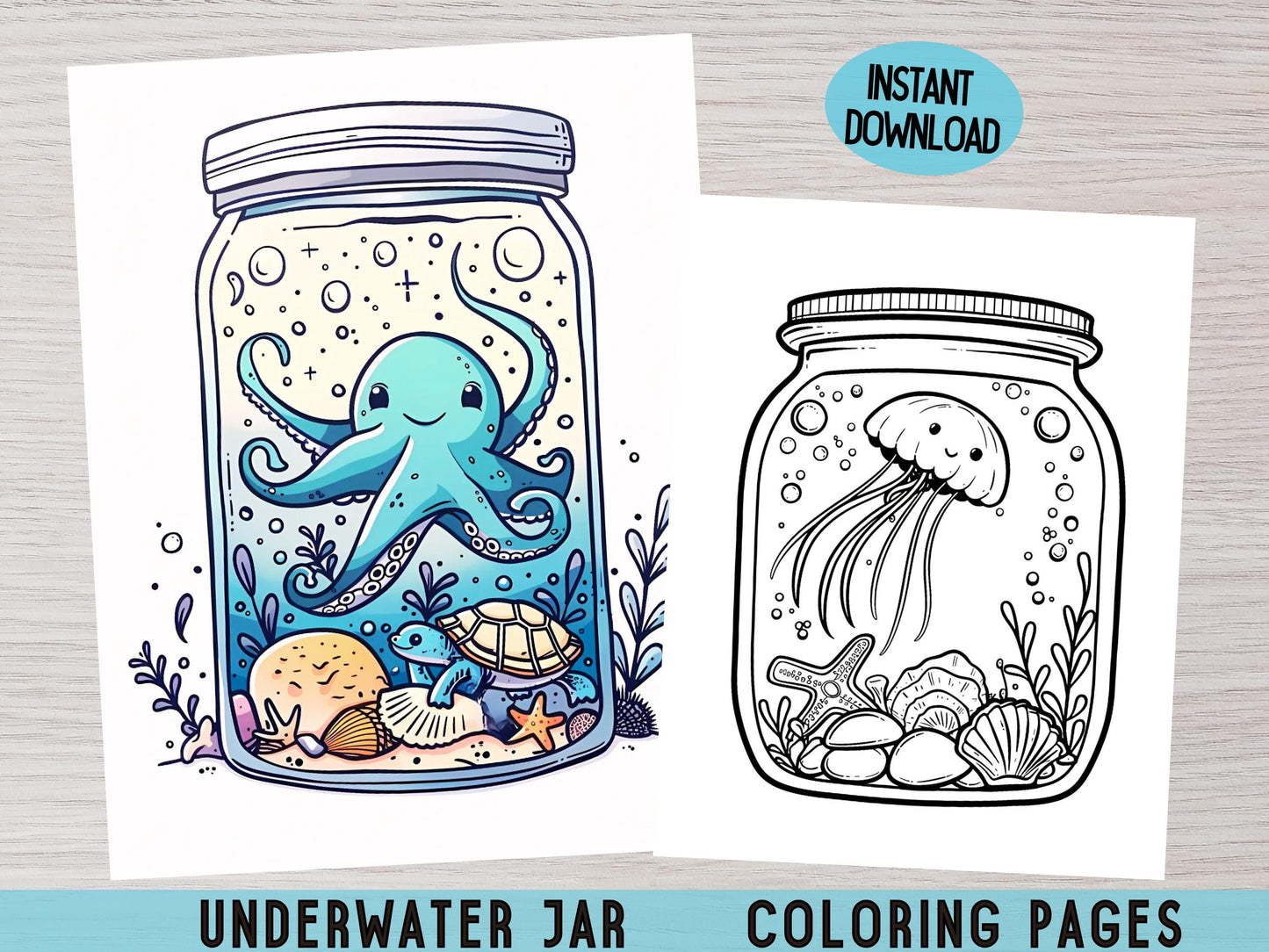 Dibujos para colorear bajo el agua / Animales marinos en frascos / Hojas para colorear bajo el agua para imprimir / Lindas escenas submarinas, dibujos para colorear atrevidos y fáciles