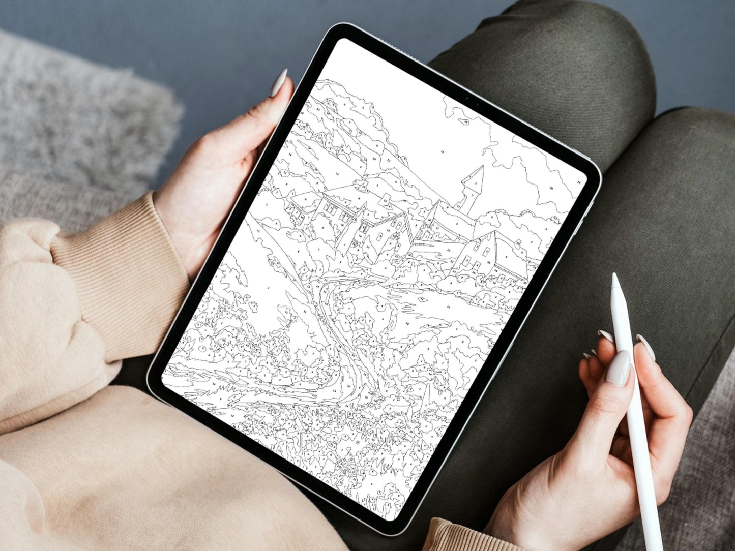 Paisaje campestre para colorear por números, dibujos relajantes para adultos, dibujos fáciles para colorear, dibujos digitales tranquilos y conscientes