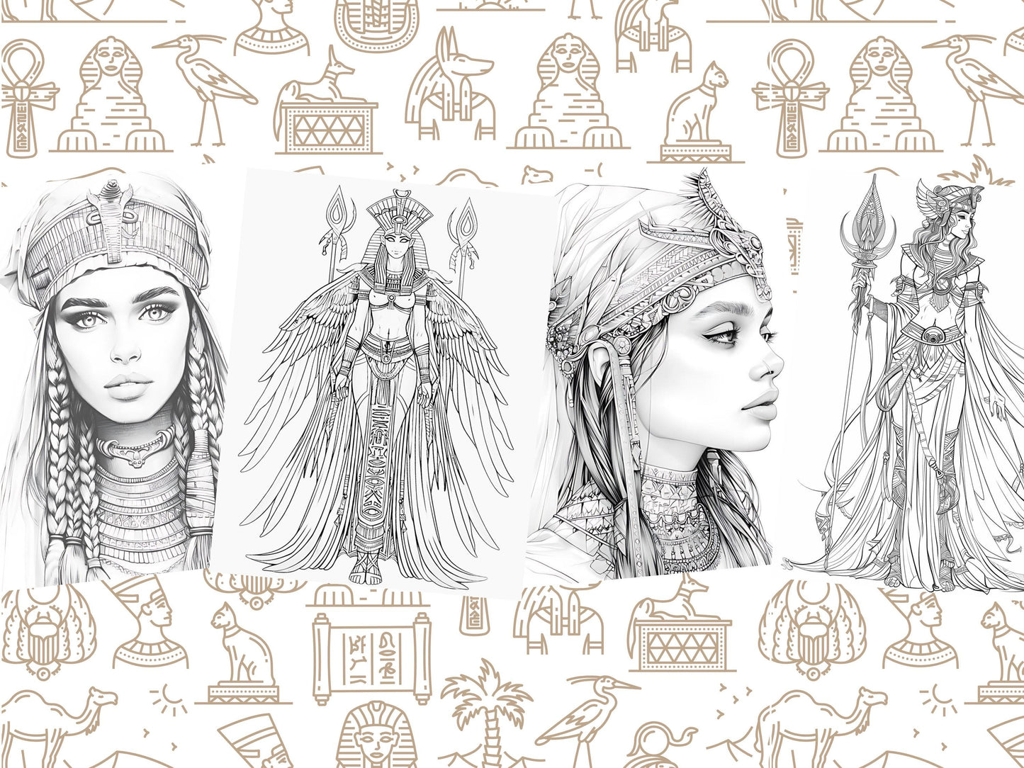 Coloración para adultos, Antiguo Egipto, Antiguo Egipto, Libro para colorear egipcio, Princesa egipcia, libro para colorear para adultos, páginas para colorear
