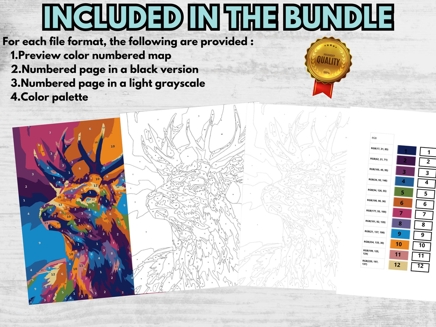 Dibujos de animales para colorear por números, libro para colorear imprimible para adultos y niños, ilustraciones relajantes de animales, descarga digital