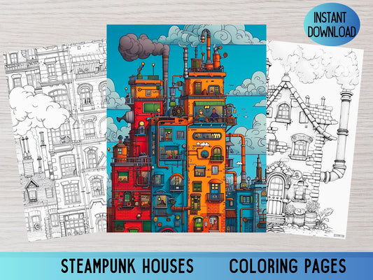 Casas Steampunk, colorear steampunk, libros para colorear steampunk, páginas para colorear steampunk para adultos, colorear para adultos, colorear para niños, pdf