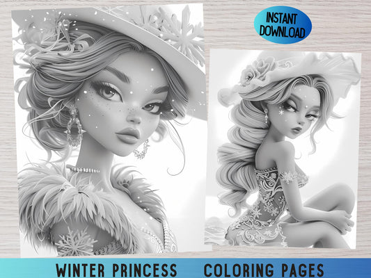 Dibujos para colorear de princesas de invierno, Dibujos para colorear de princesas, Libro para colorear de princesas de invierno, Dibujos para colorear de moda de invierno, Páginas para colorear para adultos