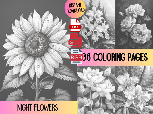 Páginas para colorear florales para adultos, Páginas para colorear para adultos florales, Coloración en escala de grises, coloración botánica, libro para colorear flores, Flores nocturnas
